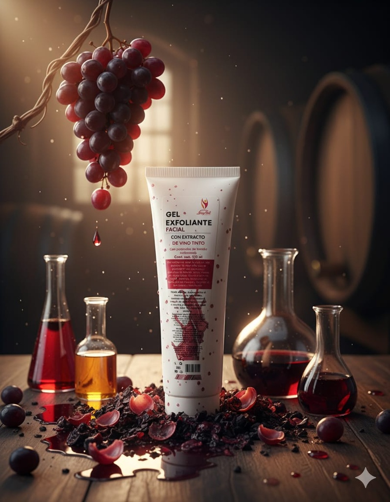 Gel exfoliante facial Vino tinto, con partículas de bambú exfoliantes